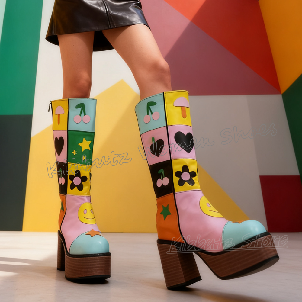 Women'S Fashion Knee High Boots - Flower Platform Knee High Boot Patchwork