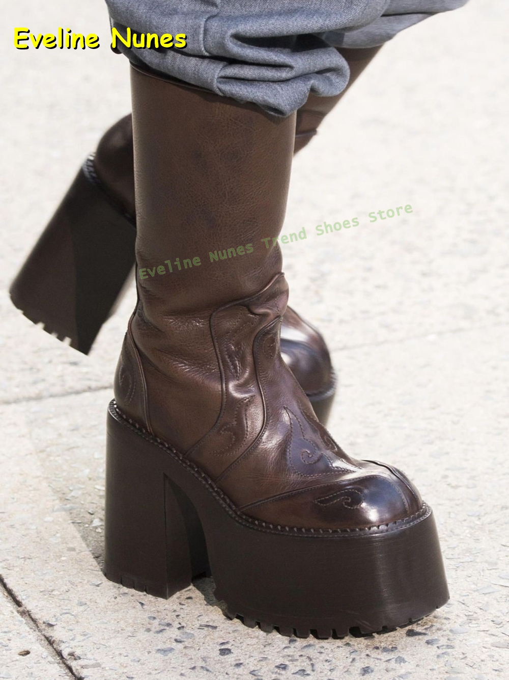 Women'S Fashion Knee High Boots - Embroidery Platform Knee High Boots Round