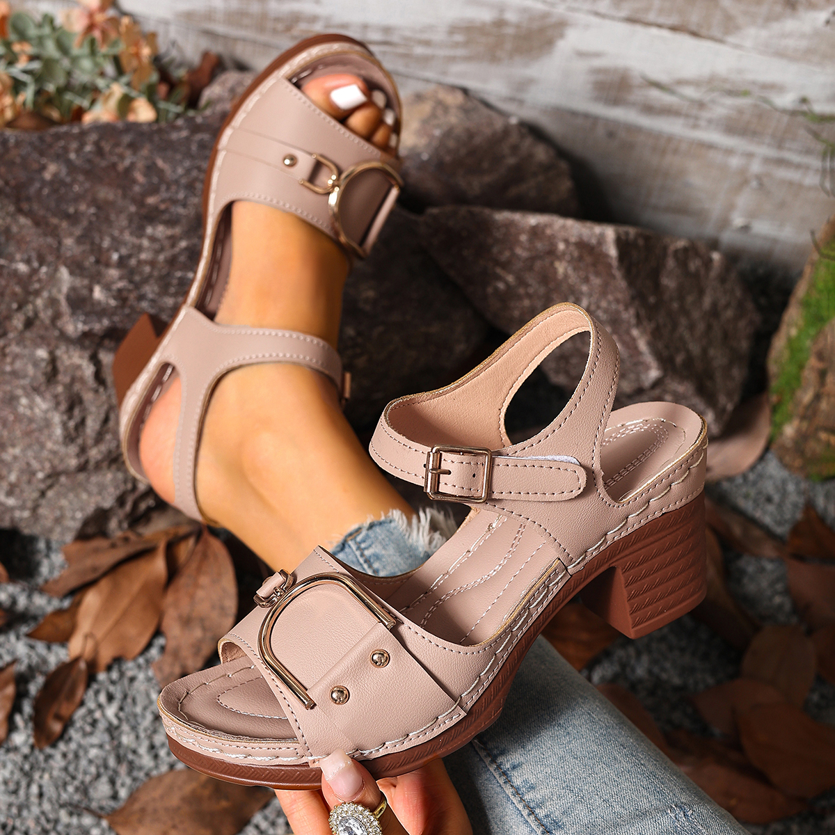 Women'S Fashion Spring 2025 - Women's Chunky Heel Sandals Adjustable Buckle
