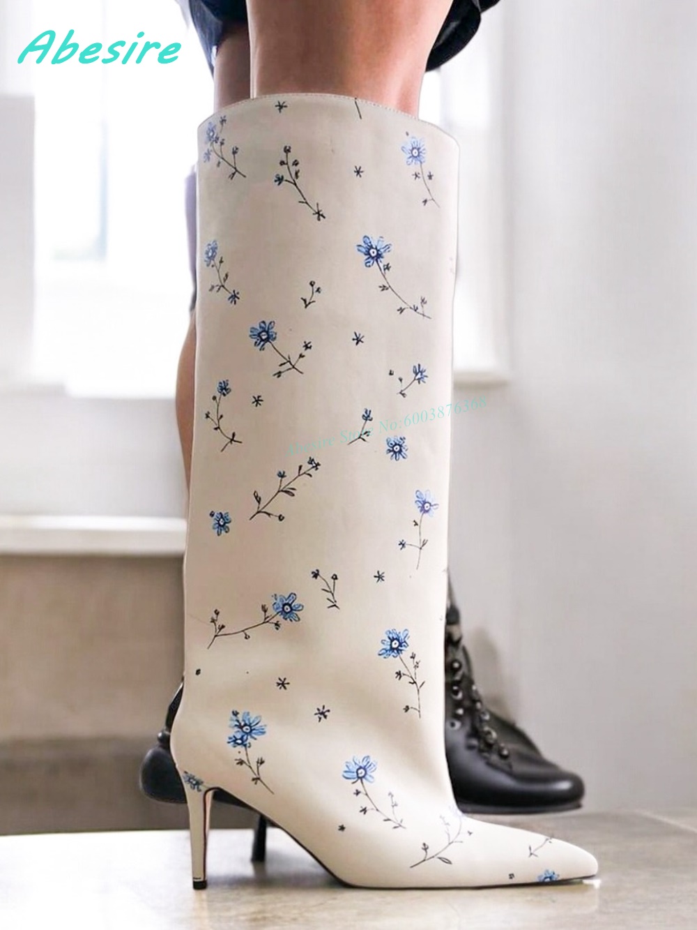White Floral Print Knee High B - مراجعة Women'S Fashion Knee High Boots وسعره