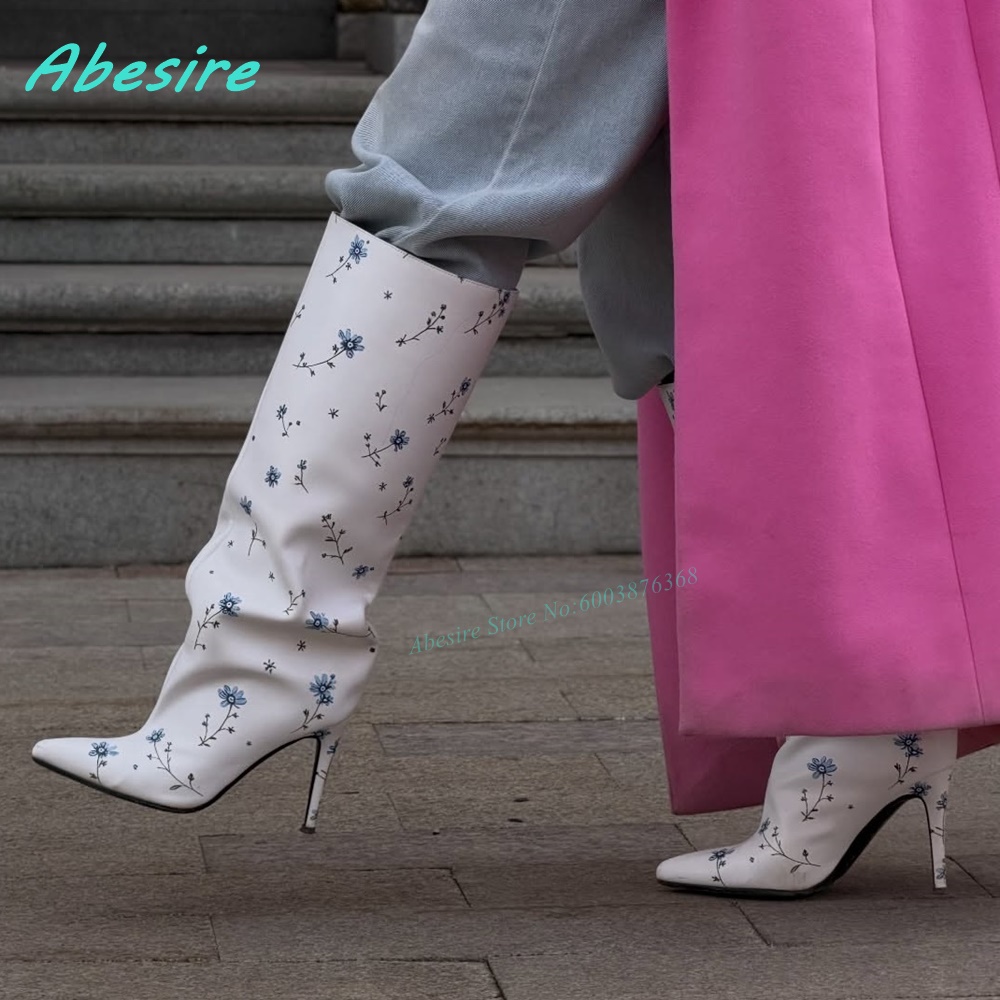 White Floral Print Knee High B - مراجعة Women'S Fashion Knee High Boots وسعره