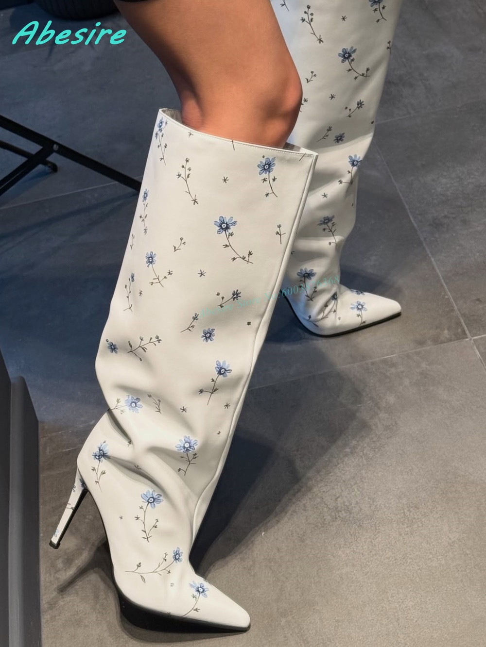 White Floral Print Knee High B - مراجعة Women'S Fashion Knee High Boots وسعره
